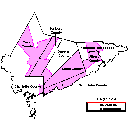 Carte : Région économique de l'assurance-emploi de Fredericton--Moncton--Saint John (Voir la description complète sous l'image)