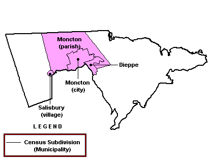Map: Municipalities of Westmorland County within the EI Economic Region of Fredericton--Moncton--Saint John (See full description below image)
